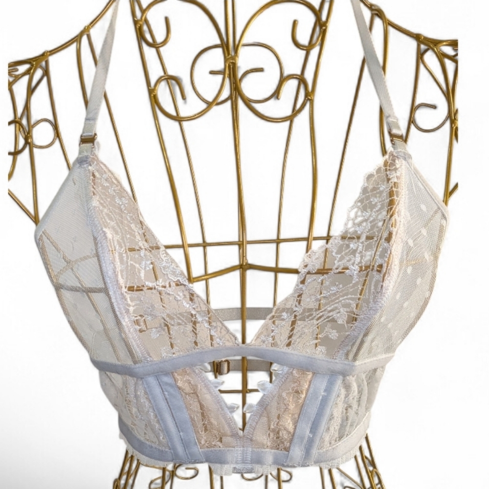 Honey Birdette Ivory Lace Bralette Sheer Mesh Size S (Flaw – Missing Lace)